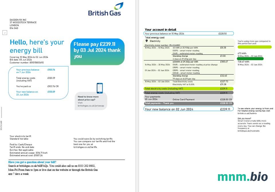 Wielka Brytania British Gas rachunek za usługi komunalne, Word and PDF template, 2 pages
